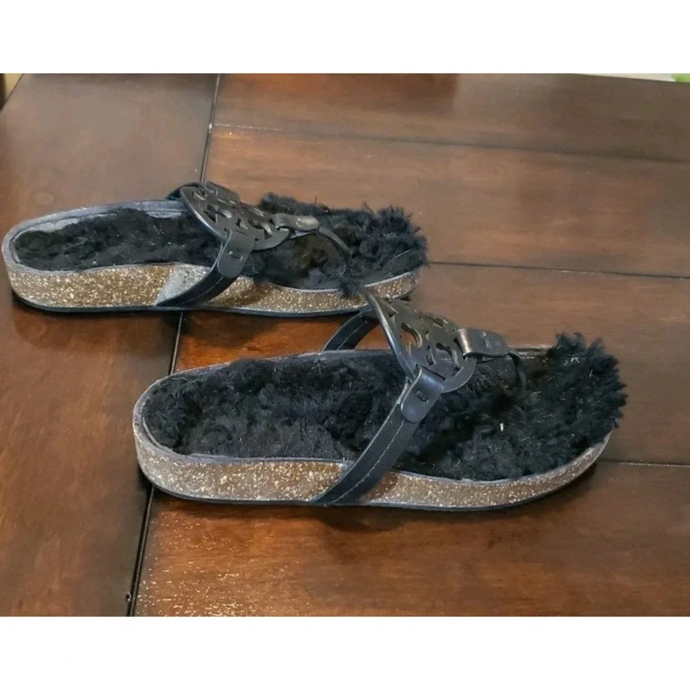 Tory‎ Burch MILLER CLOUD Cork Sandals Shearling Size 7 Black